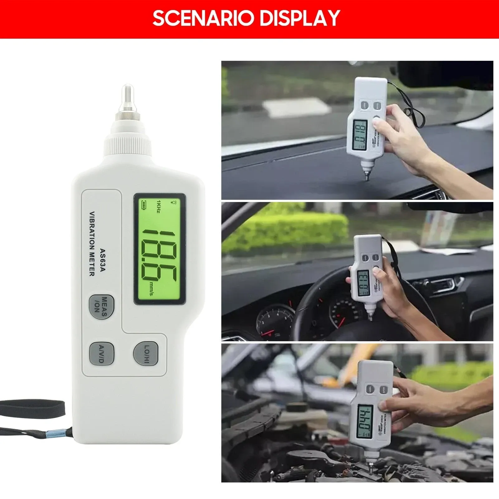 Portable handheld vibration meter with digital LCD display, shown in use on a car dashboard, steering wheel area, and engine bay, alongside a product close-up on a white background.