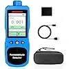A compact handheld formaldehyde air quality detector with a blue and orange casing, colour screen showing readings and warning indicators, plus a USB charging cable and zip case displayed on a white background.