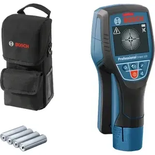 Bosch Professional wall scanner drill detector with carrying pouch and batteries on a white background, shown as a trade-grade safe drilling solution for checking for hidden hazards in walls before drilling.