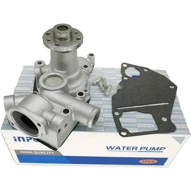 Replacement coolant water pump kit for Isuzu 4LE1 excavator engine, shown with gasket and bolts on product box.