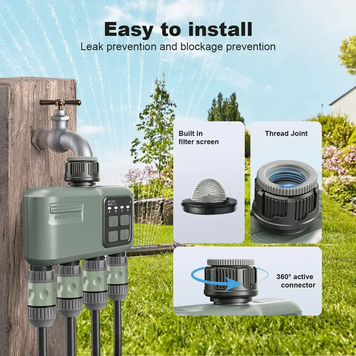 RainPoint 2-zone WiFi water timer on UAE home outdoor tap — outdoor tap install lifestyle