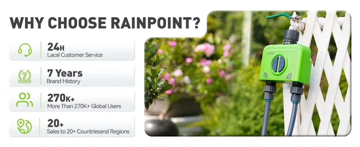 RainPoint 2-zone WiFi water timer on UAE home outdoor tap — UAE smart irrigation promo