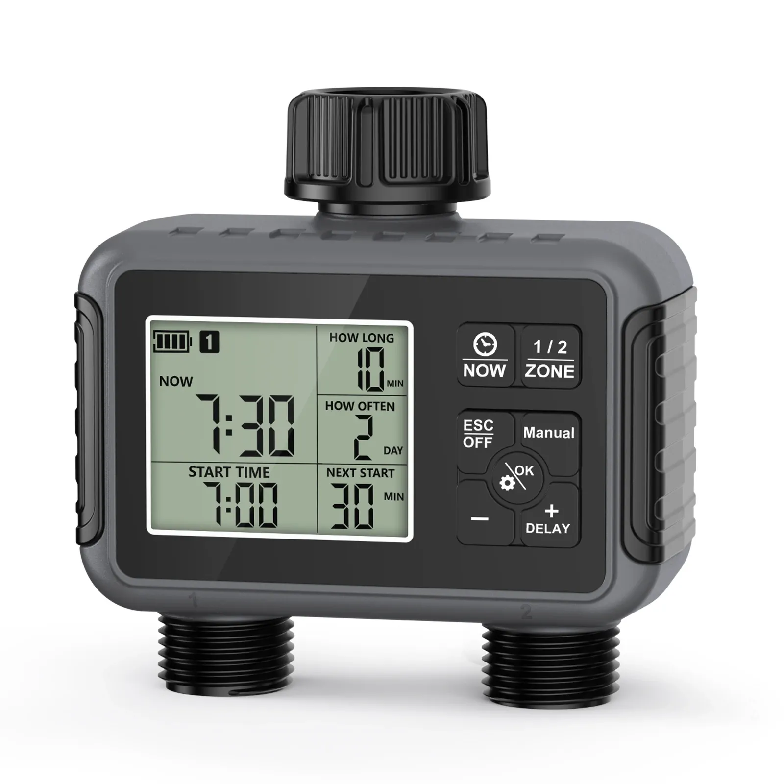 Non-WiFi dual-zone garden hose timer with brass connections, displayed on a white background.