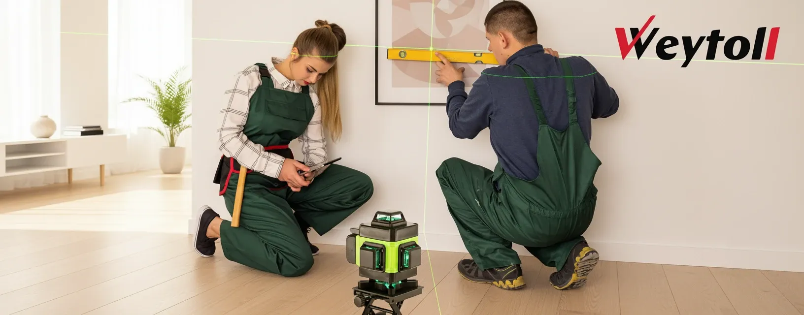 High-visibility green beam laser level compared to standard red beam