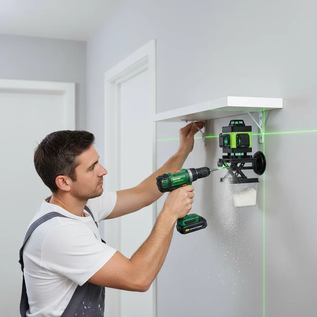 The 360-degree multi-line green laser level projecting clear horizontal and vertical lines.