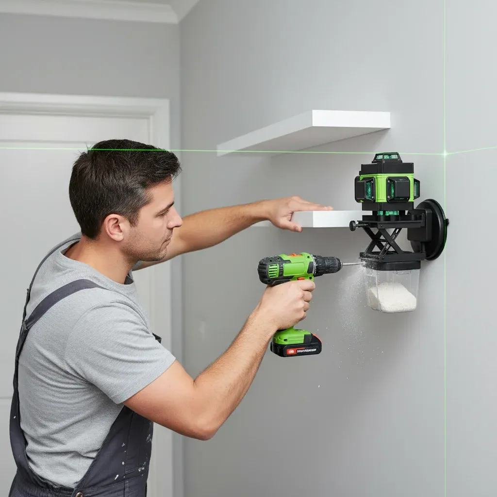 Lifestyle shot of a Bosch laser level highlighting its robust build and professional application.