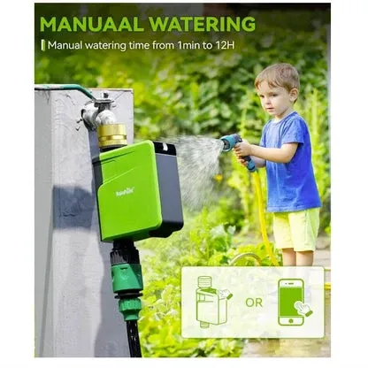 Young child watering a garden with a hose connected to a wall-mounted smart watering device, with an app-control icon overlay and text about manual watering time.
