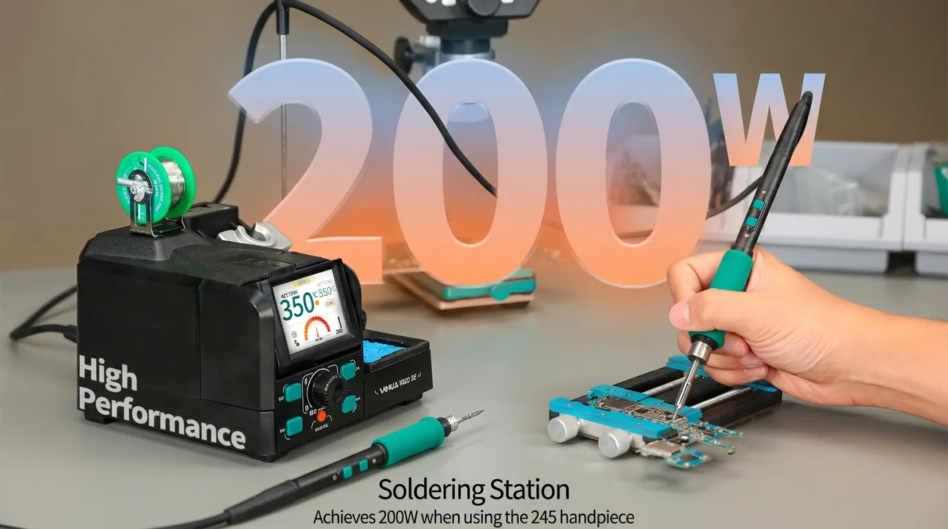 Close-up of a high-quality soldering station in a workshop environment