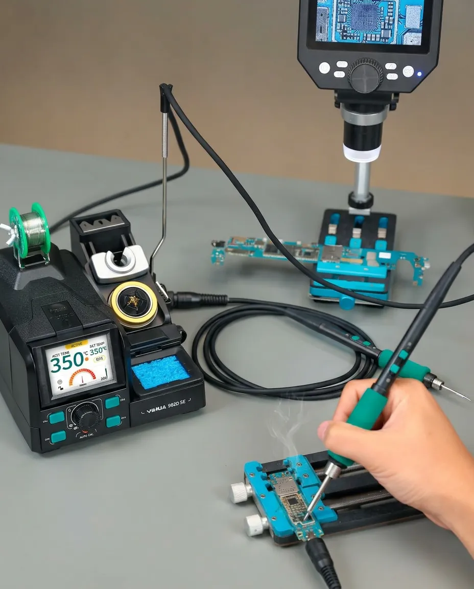 Soldering station in use for electronics repair and maintenance